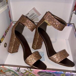 Jeffrey Campbell Lindsay Jeweled Heels with Glittery Rhinestones Gold/Bronze